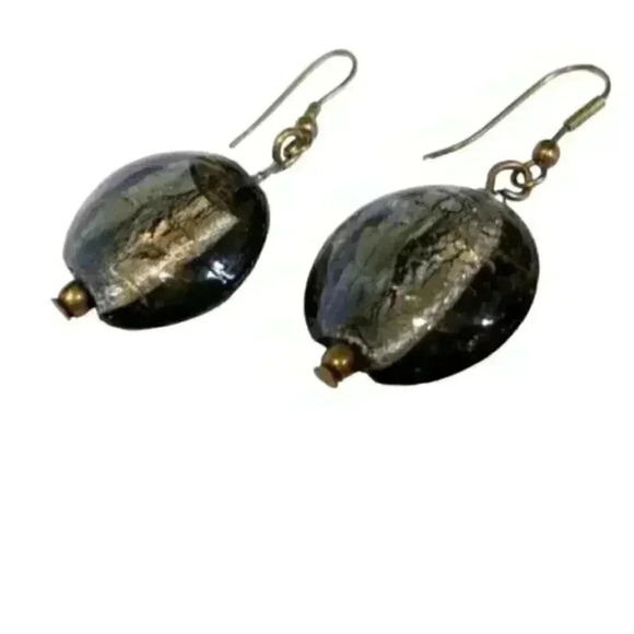 Earrings Venetian Glass Beads Dark Smoky Grey Silver Foil Handmade Jewelry Women - Picture 3 of 5